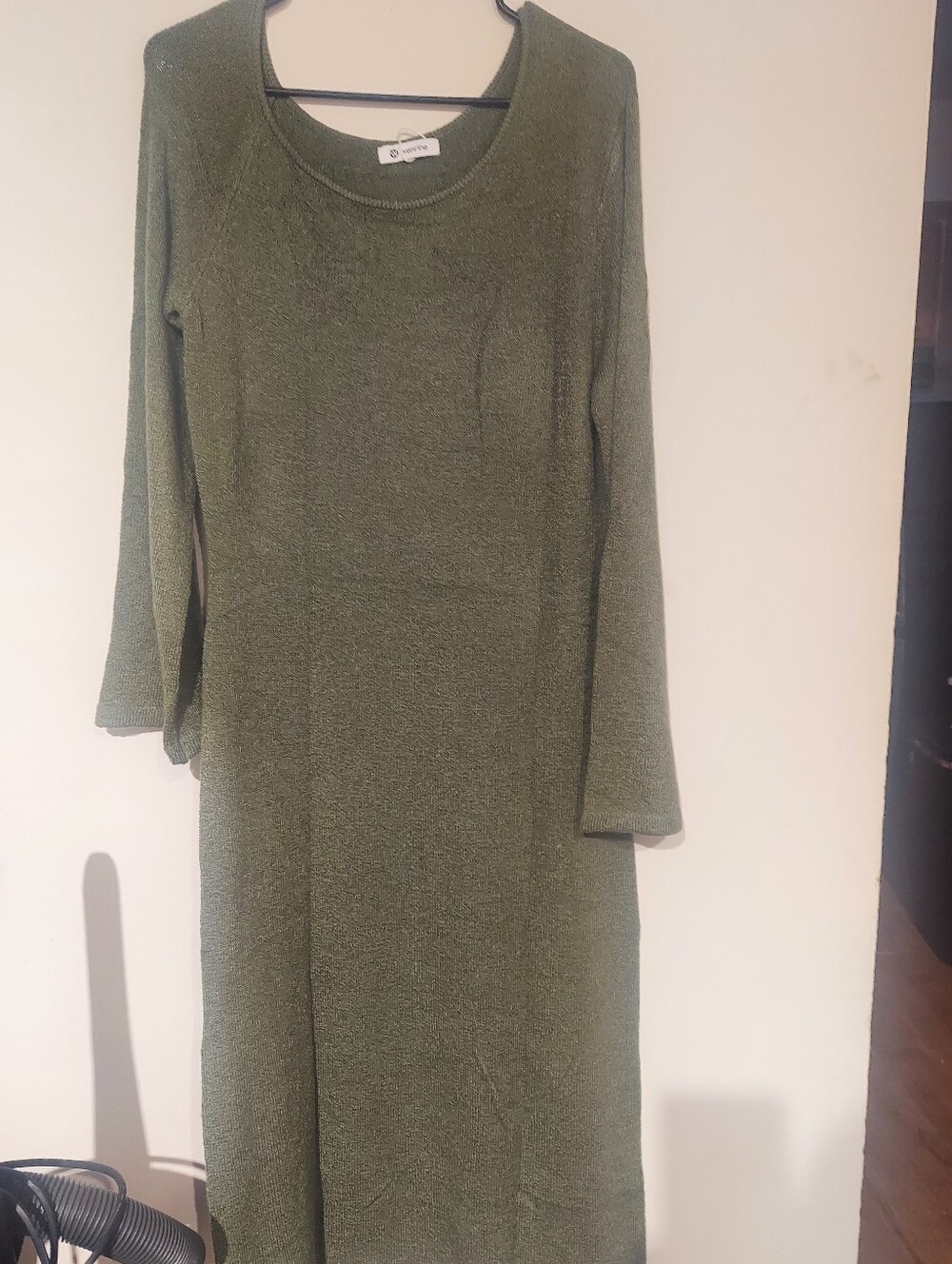 Long-Sleeve Olive Knit Midi Dress by Wenrine